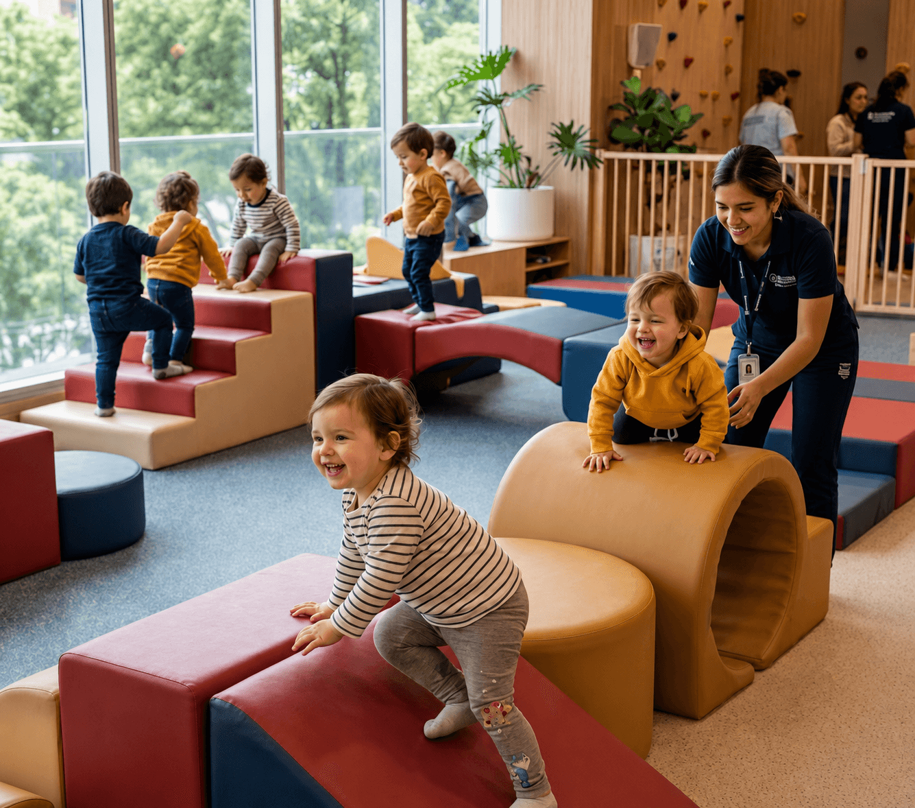 Niños y niñas en el aula de psicomotricidad con bloques blandos y acompañamiento del equipo