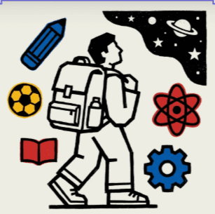 Estudiante con mochila rodeado de símbolos de ciencia, deporte y aprendizaje