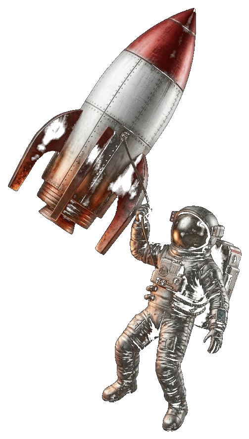 Astronauta flotando en ingravidez con un cohete espacial